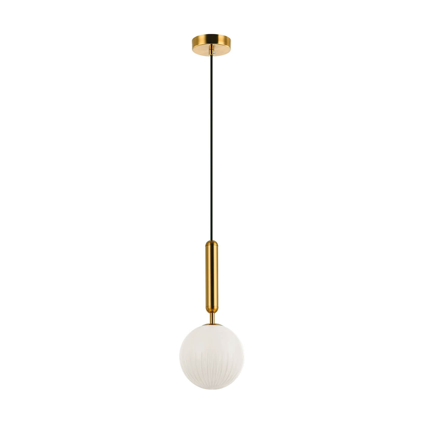 Cauti un pendul auriu JOLIN cu glob alb de sticla, design modern, minimalist, pentru living, dining sau dormitor din colectia de lustre si candelabre Domicilio?
