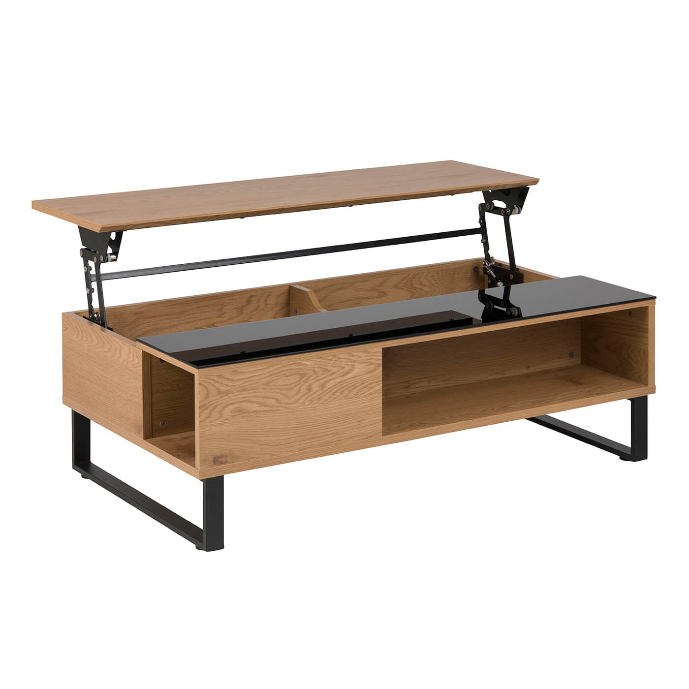 Masuta de cafea AZALEA 110x60x35, design modern cu cadru negru din metal, blat natur, sertar