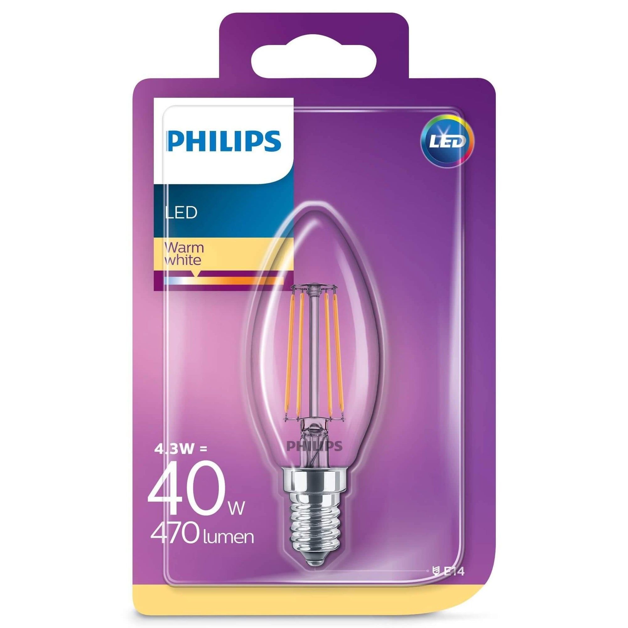 Domicilio Bec LED Philips cu filament si forma de lumanare (B35). Puterea de 4.3W in LED este echivalentul unui bec traditional cu halogen de 40W. Fluxul luminos este de 470 lumeni. Poate fi folosit pentru orice corp de iluminat cu soclu E14. Temperatura de culoare a luminii este de 2700K, lumina alba, calda. Opteaza pentru becurile LED pentru a reduce consumul de energie cu aproximativ 90% fata de becurile traditionale cu halogen.