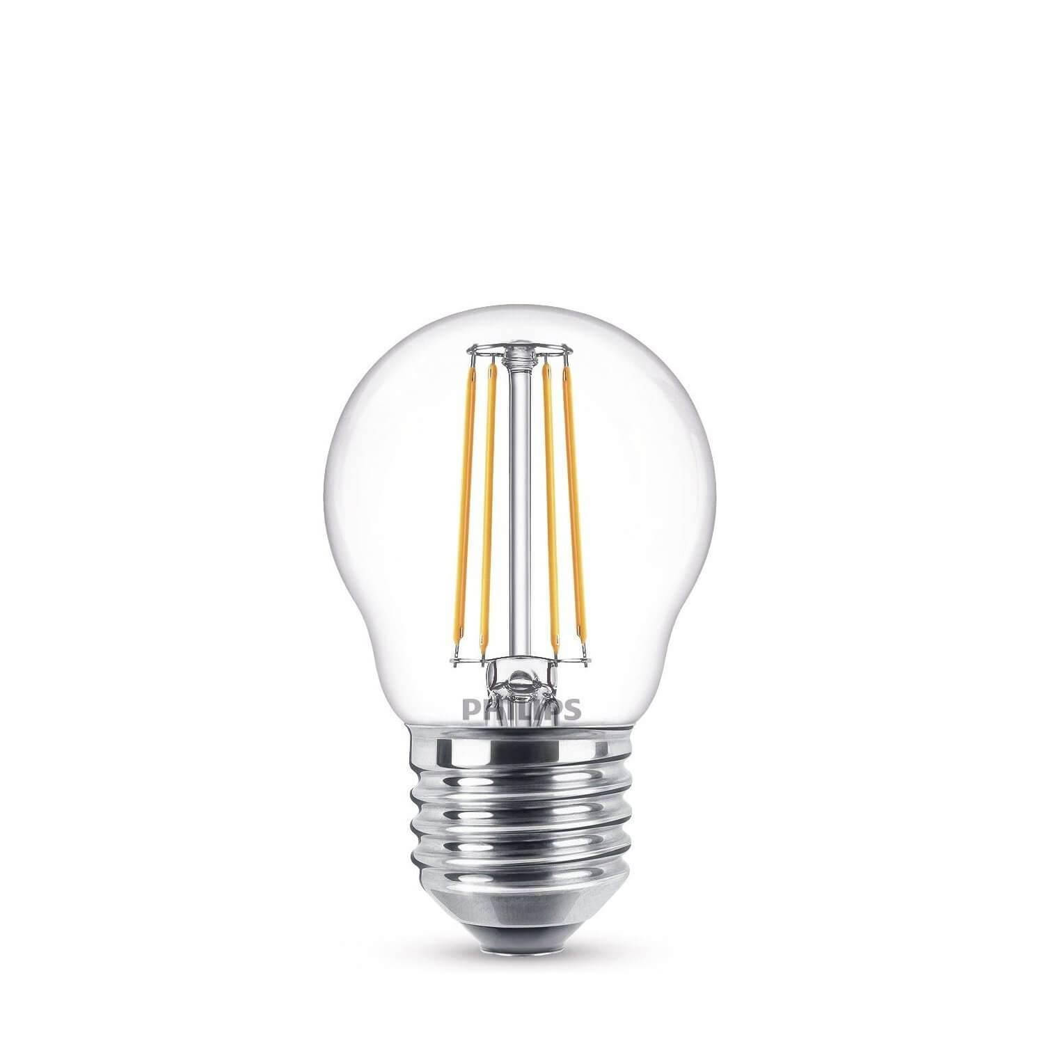 Domicilio Bec LED Philips P45 E27 4.3W 470 lumeni, cu filament pentru lustre, corpuri de iluminat, veioze sau lampadare