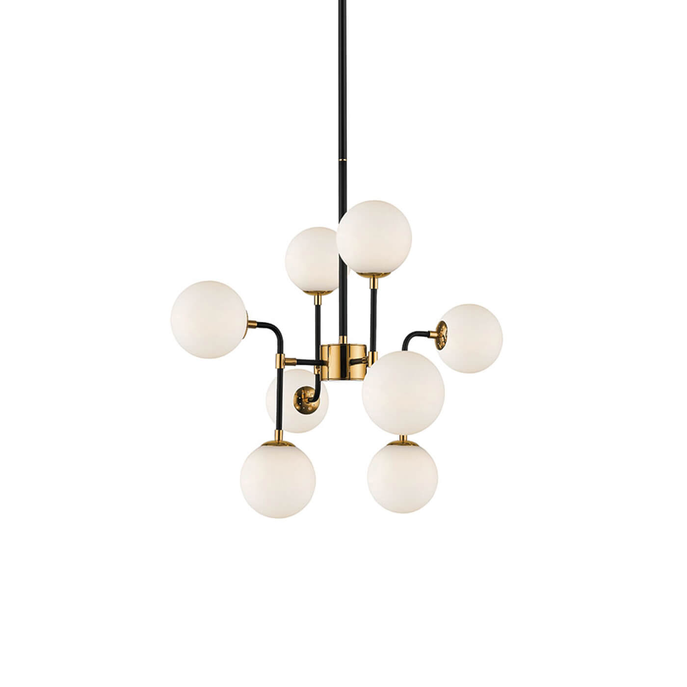 Cauti o lampa suspendata aurie HARIET cu globuri albe de sticla, design modern, elegant, glam, pentru living, dining sau dormitor din colectia de lustre si candelabre Domicilio?
