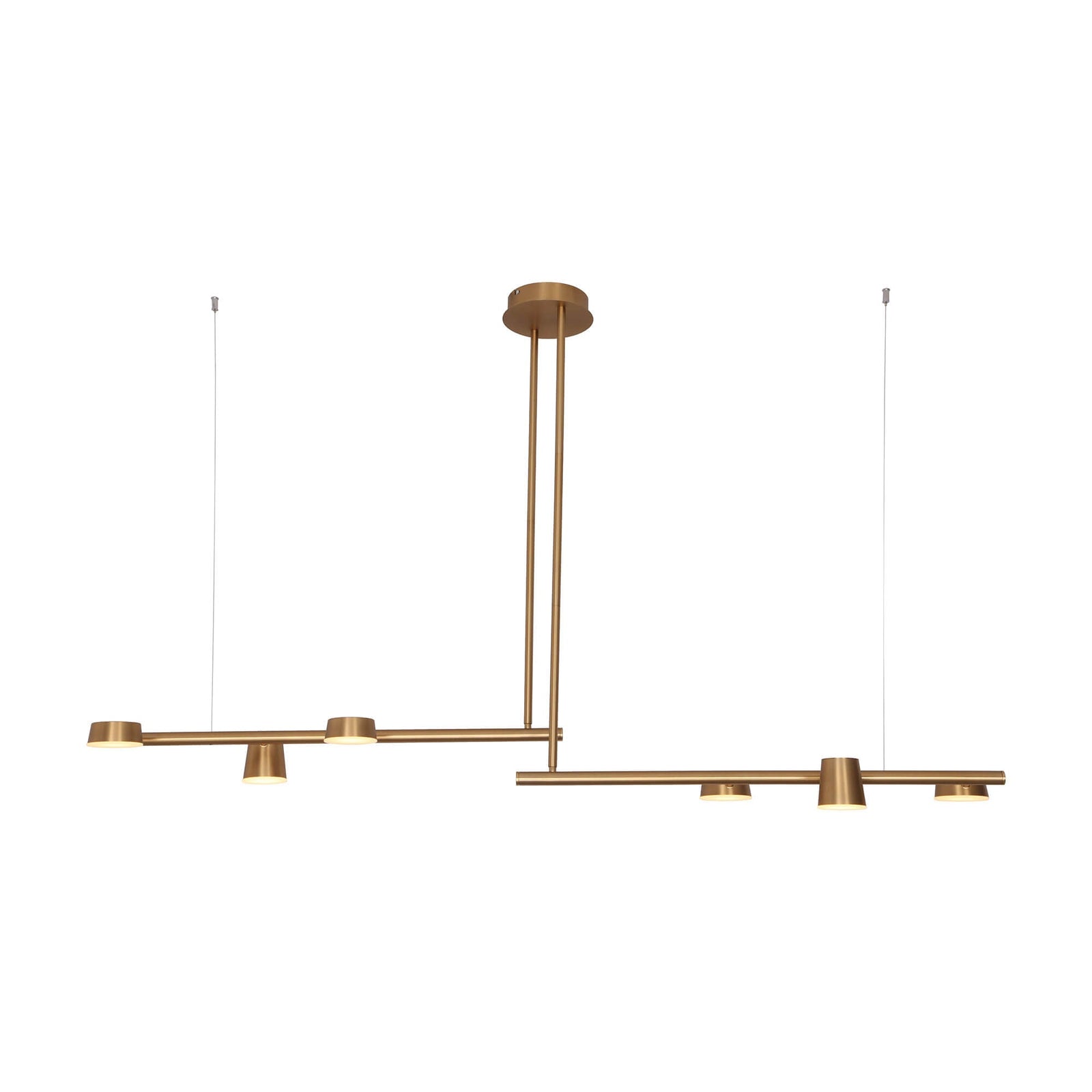 Cauti o Lustra neagra/aurie ODETTE S6 din metal pentru bucatarie - Corp de iluminat design minimalist din colectia de lampi suspendate si corpuri de iluminat pentru sufragerie, dining, dormitor sau bucatarie? ODETTE se potrivește bine în cele mai complexe aranjamente contemporane, datorită stilului său elegant și a finisajului flexibil. Lungime (cm) 158 Latime (cm) 35 Inaltime (cm) 98 Necesita asamblare da Culoare negru/auriu Material metal Sursa iluminat LED 42W Inclus da Cod MS36-SR6