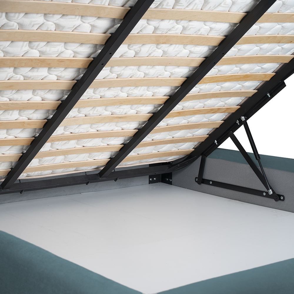 Padova, culoare aqua, pat pentru dormitor cu lada depozitare mare, colectia Domicilio, spatios