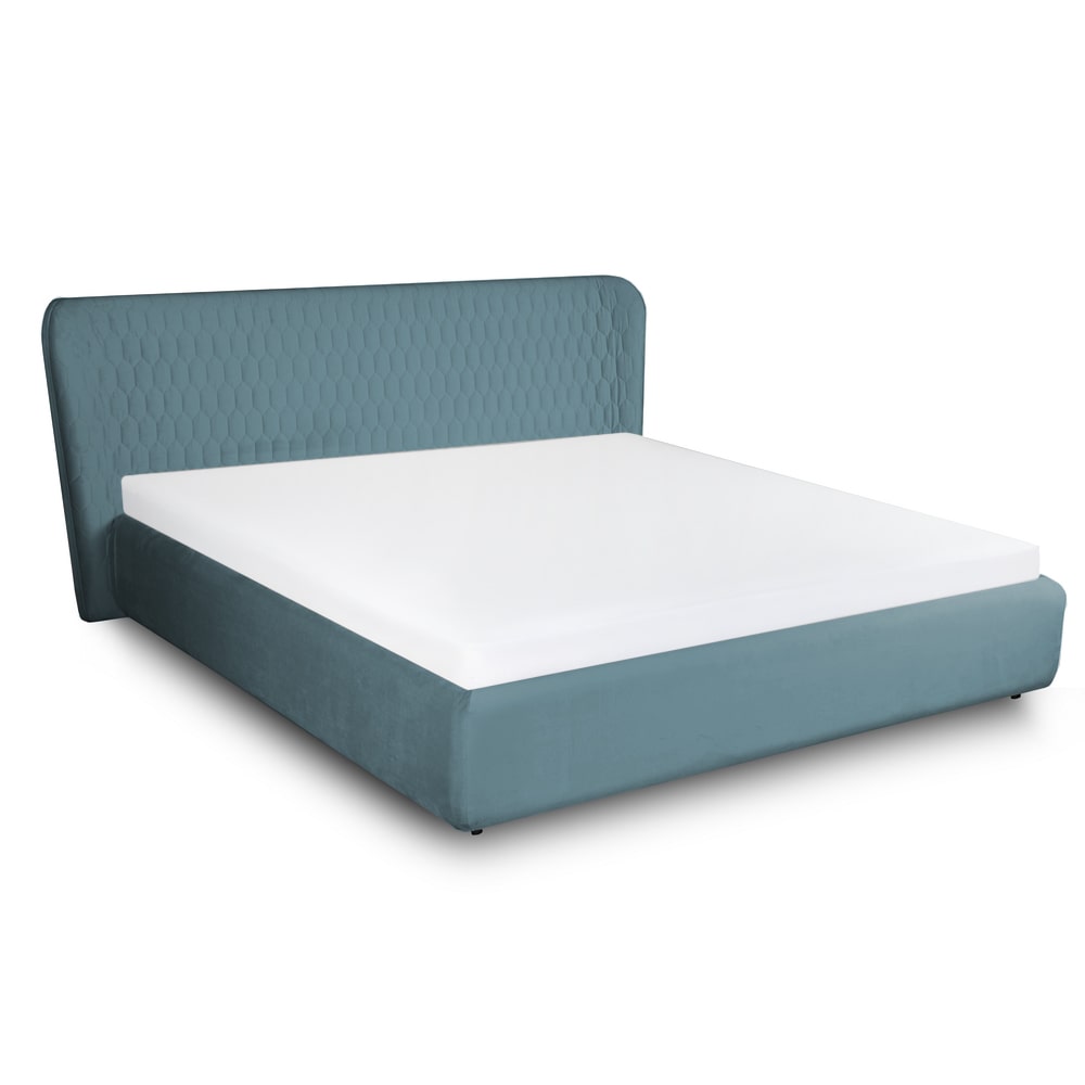 Pat tapitat cu lada de depozitare mare, culoarea aqua, dormitor