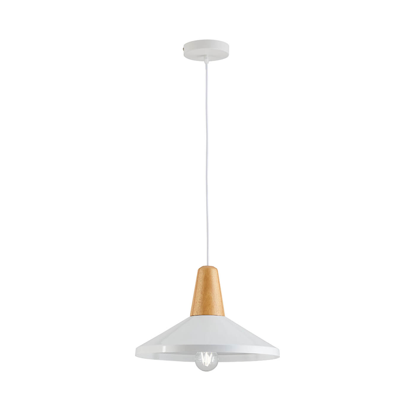 Cauti un pendul TOM cu abajur alb din metal si lemn, design modern, pentru living, dining sau dormitor din colectia de lustre si candelabre Domicilio?
