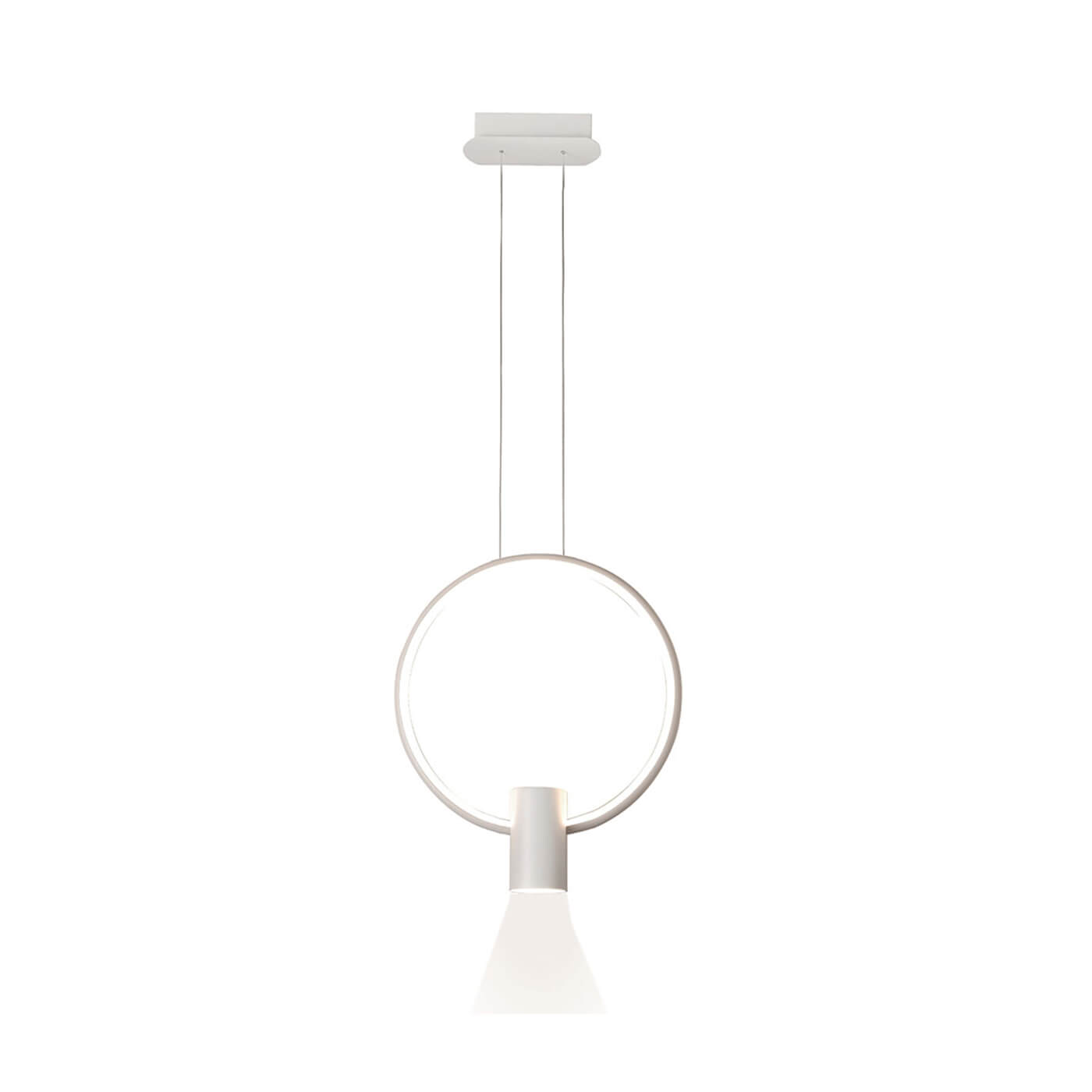 Cauti un pendul alb SINDY cu LED, design minimalist, futurist, pentru living, dining sau dormitor din colectia de lustre si candelabre Domicilio?