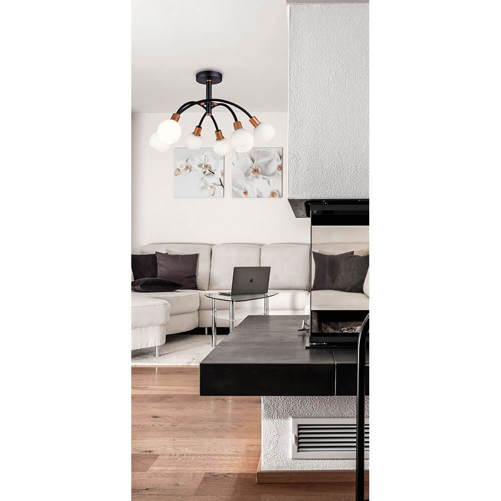 Cauti o plafoniera glam neagra ELISA C6 cu globuri chic albe, design modern, elegant - Corp de iluminat pentru living, dining sau dormitor din colectia de lustre si lampi suspendate DOMICILIO?