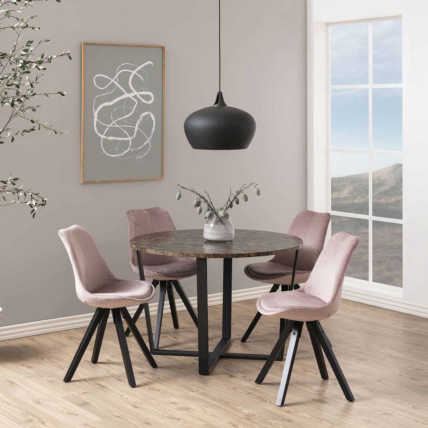 Set doua scaune dining DIMA roz pudra cu picioare negre