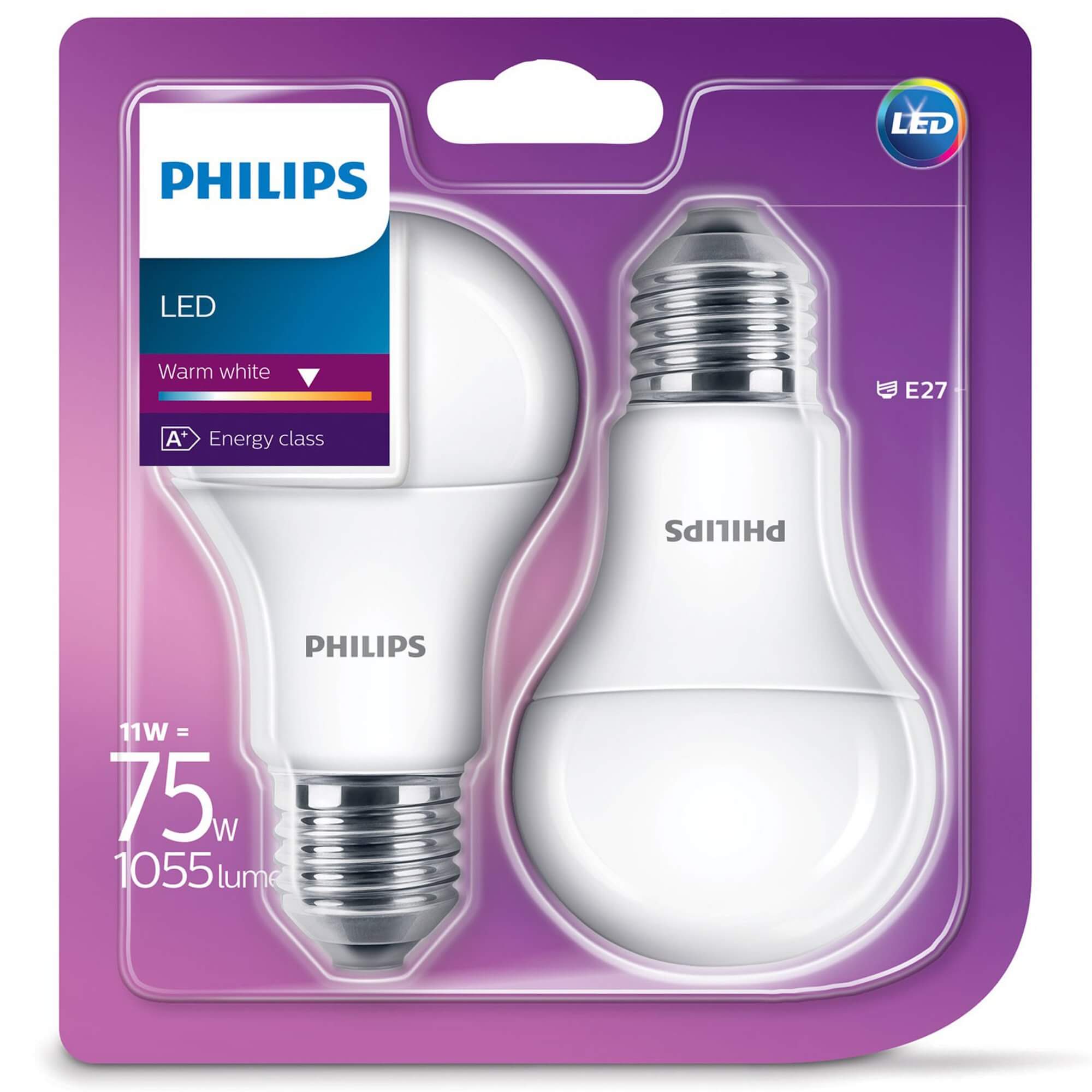 Set 2 becuri LED Philips A60 E27 11W 1055 lumeni, cu glob mat