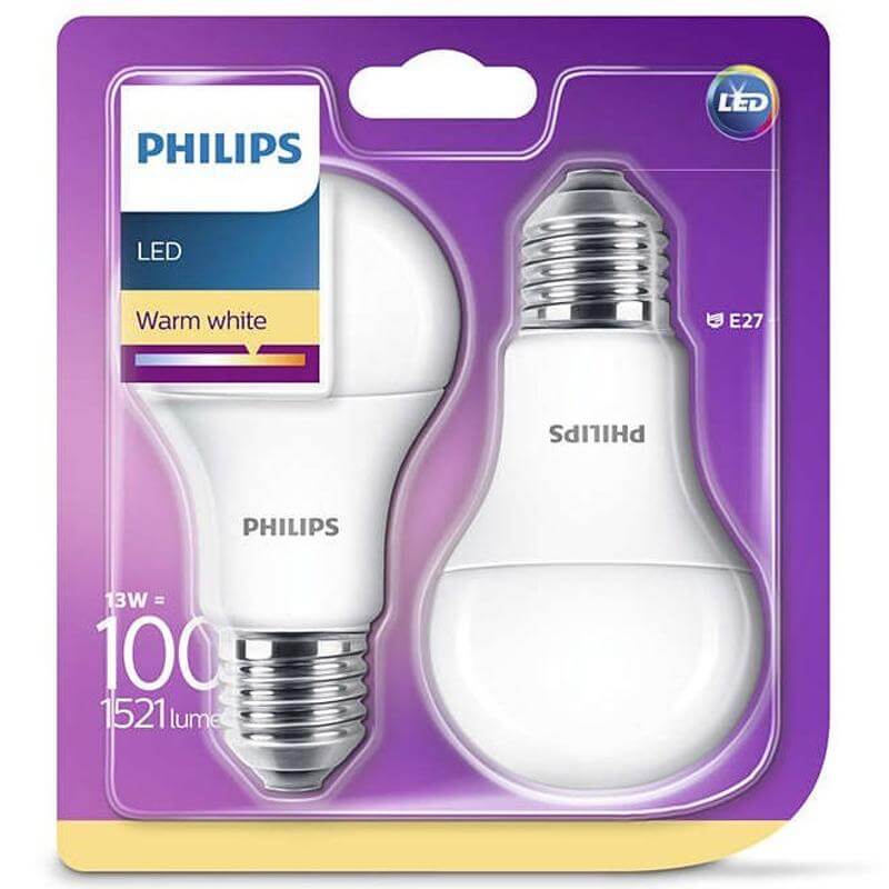 Set 2 becuri LED Philips A60 E27 13W 1521 lumeni, cu glob mat