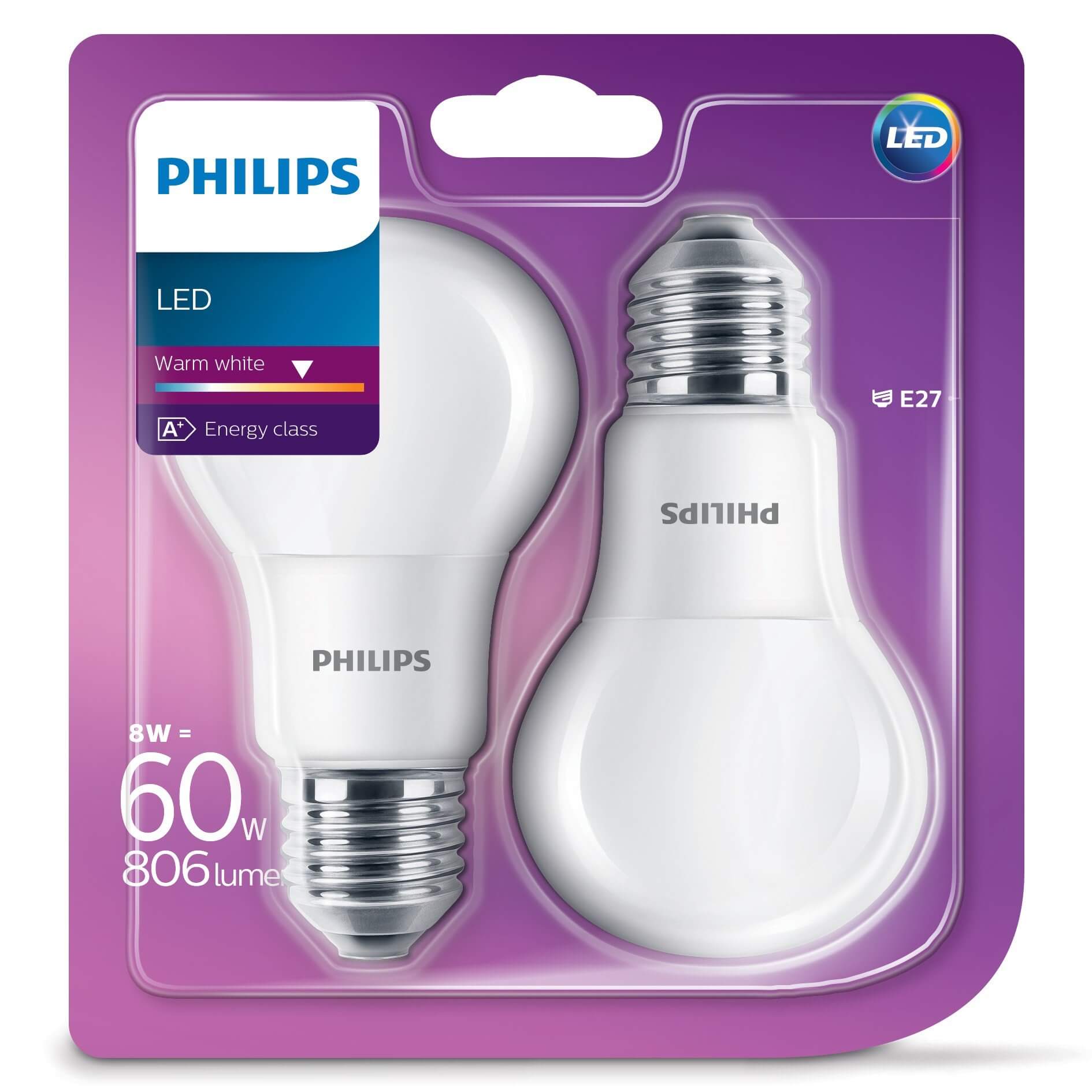 Set 2 becuri LED Philips A60 E27 8W 806 lumeni, cu glob mat