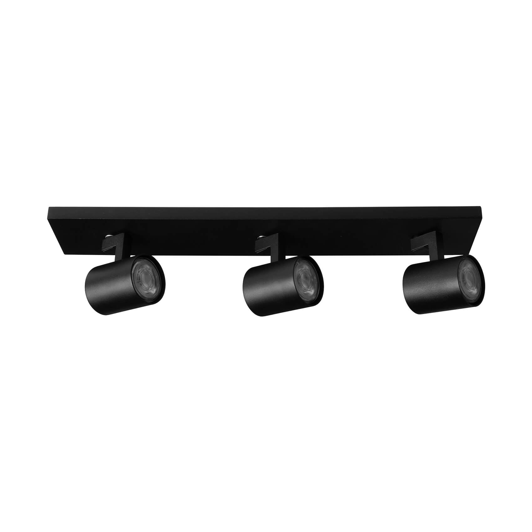 Spoturi minimaliste pentru casa ta, ideale pentru dormitor si sufragerie. Lungime (cm) 48 Latime (cm) 9 Inaltime (cm) 12 Culoare negru Material metal Montaj aplicat pe tavan Orientabil da Sursa iluminat 3 x GU10 Inclus nu Cod LS01-C3-BK