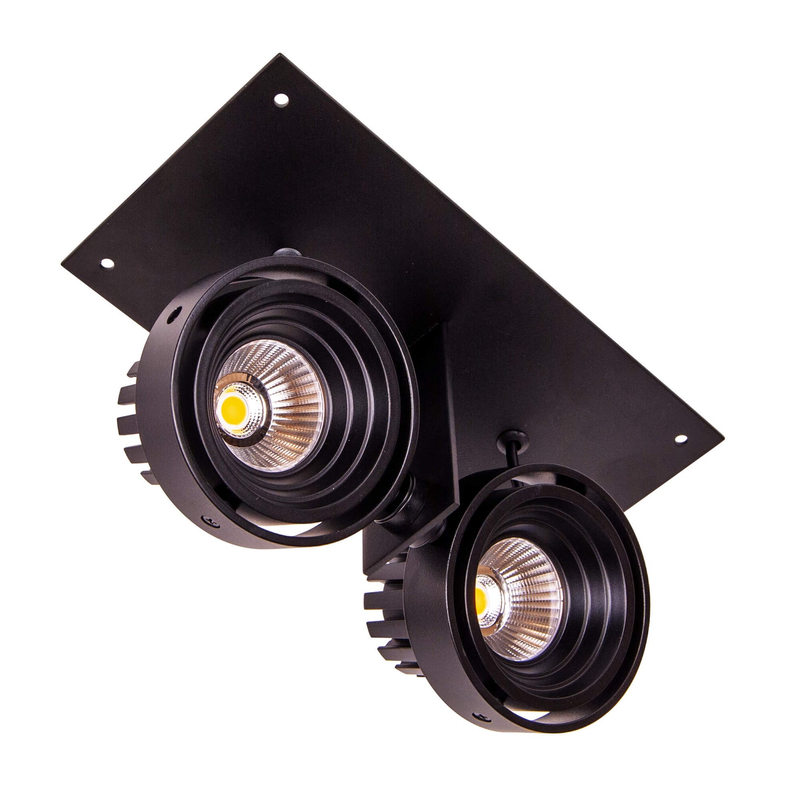 Spoturi duble pentru tavan, funcționează cu LED si pot ilumina obiecte expuse in galerii de arta, evenimente, muzee. 